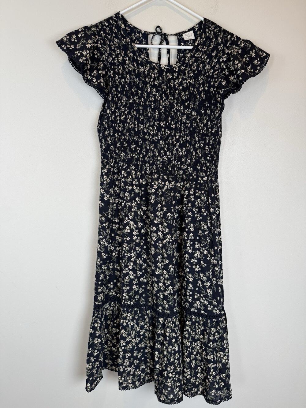 Patrons Of Peace Smocked Boho Dress Large Blue Floral Short Sleeve Maxi Flowy
